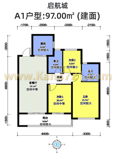 高层97方a1-3室2厅2卫-华元启航城